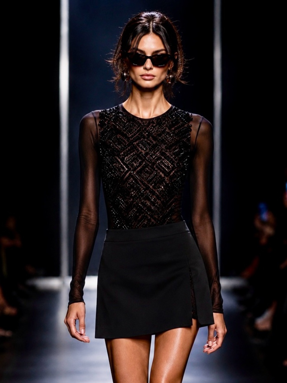 STATE OF CLAUDE MONTANA black beaded and mesh long sleeve bodysuit